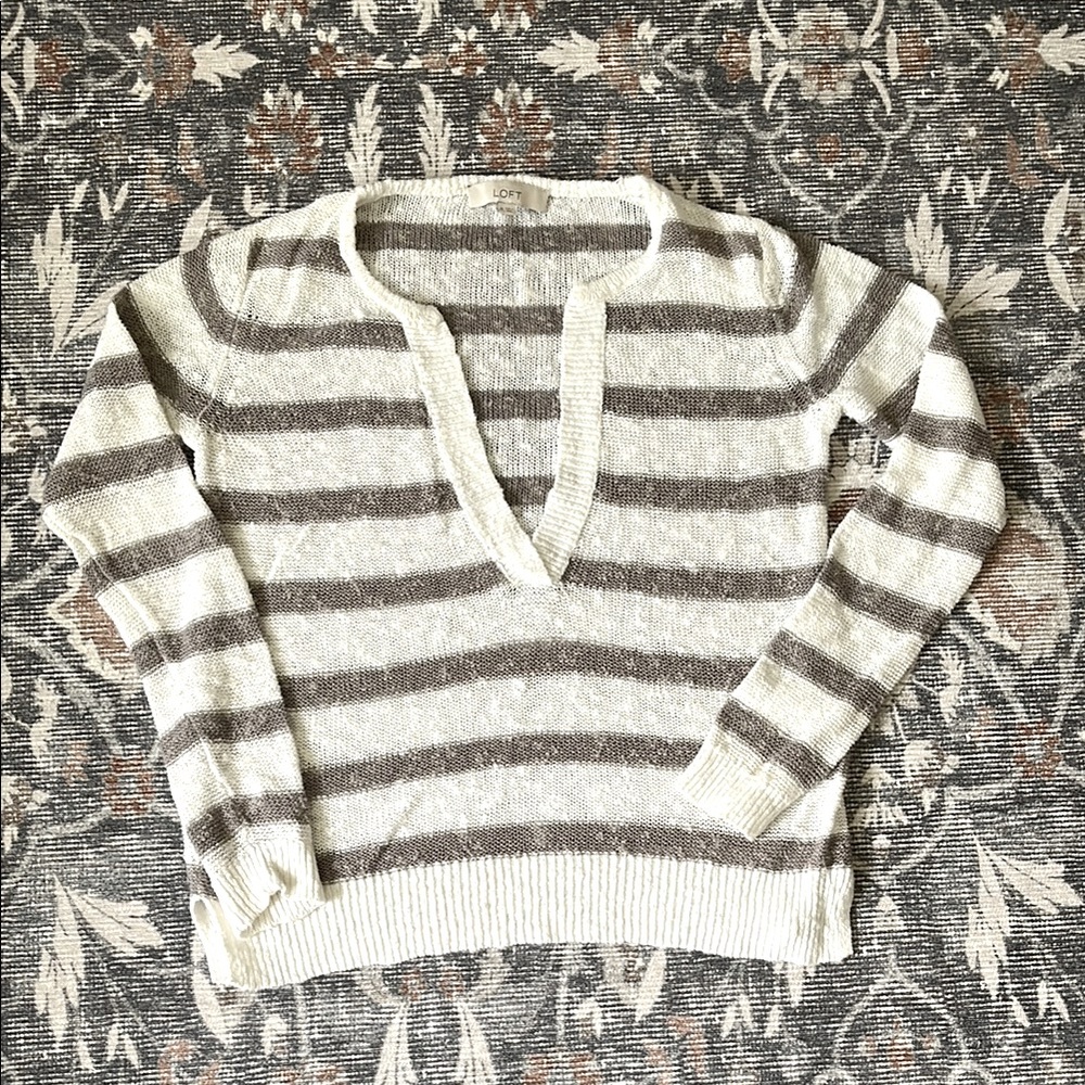 LOFT Gray and Cream V-Neck Striped Sweater